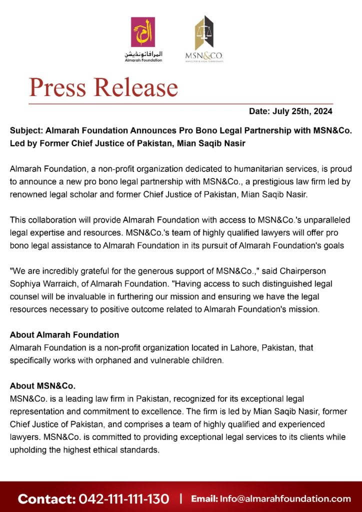 Almarah Foundation Announces Pro Bono Legal Partnership with MSN&Co. Led by Former Chief Justice of Pakistan, Mian Saqib Nasir